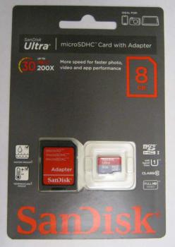 Карта памяти microSDHC Sandisk Ultra 8 ГБ, 30 МБ/с, Class 10, SDSDQU-008G-U46A, 1 шт., переходник SD