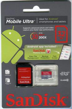 Карта памяти microSDHC UHS-I Sandisk Ultra Android 32 ГБ, Class 10, SDSDQUA-032G-U46A, 1 шт., переходник SD